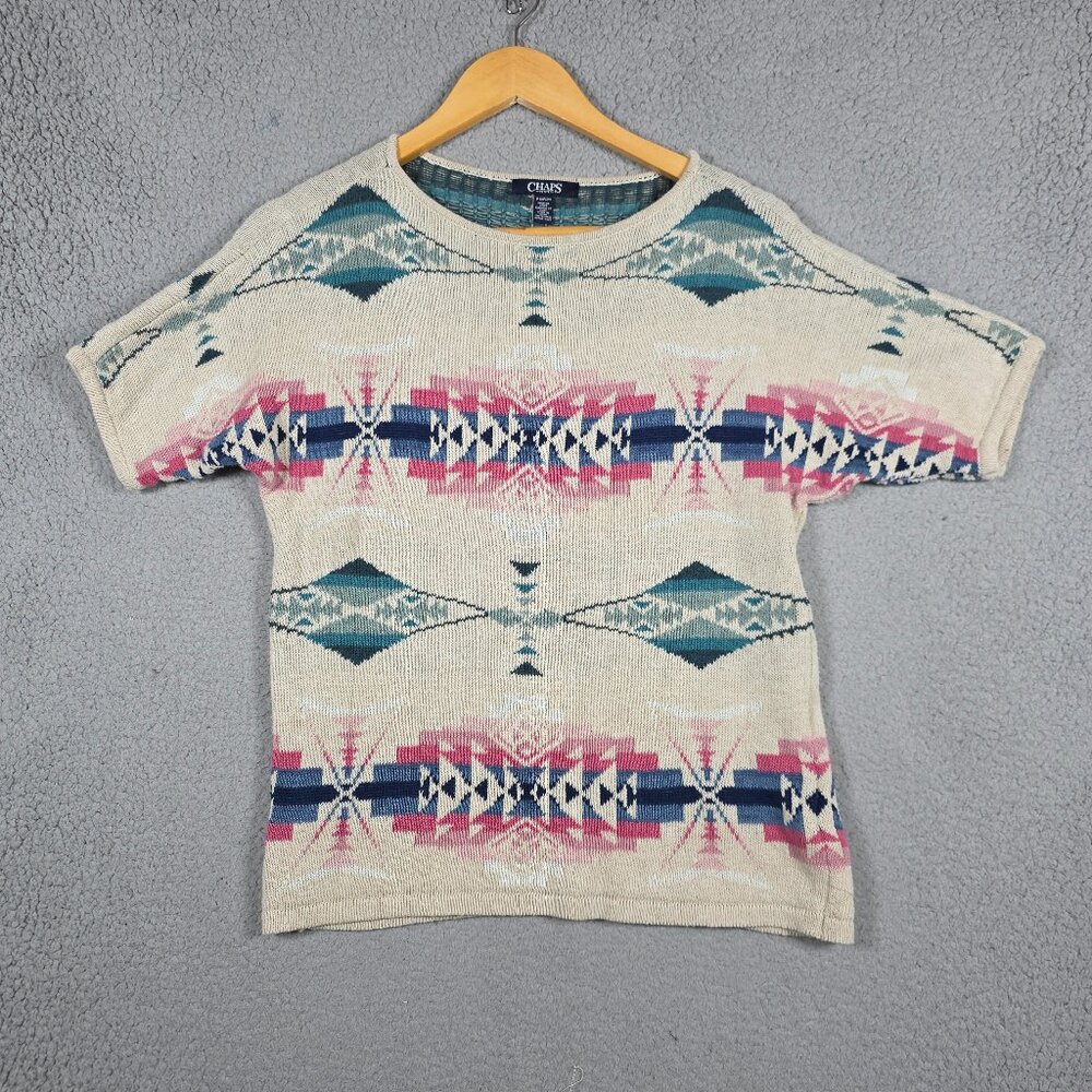 Chaps Sweater Womens Size S Tribal Dolman Short Sleeved Aztec Print Southwestern
